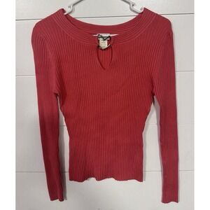 Y2K Vintage Fashion Bug Coral Ribbed Knit Keyhole Top Stretch Fitted Size M